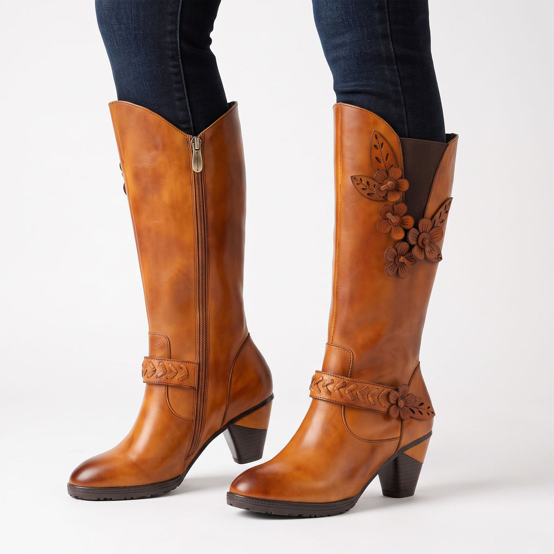 Retro handgefertigte Lederstiefel mit Blumenmuster