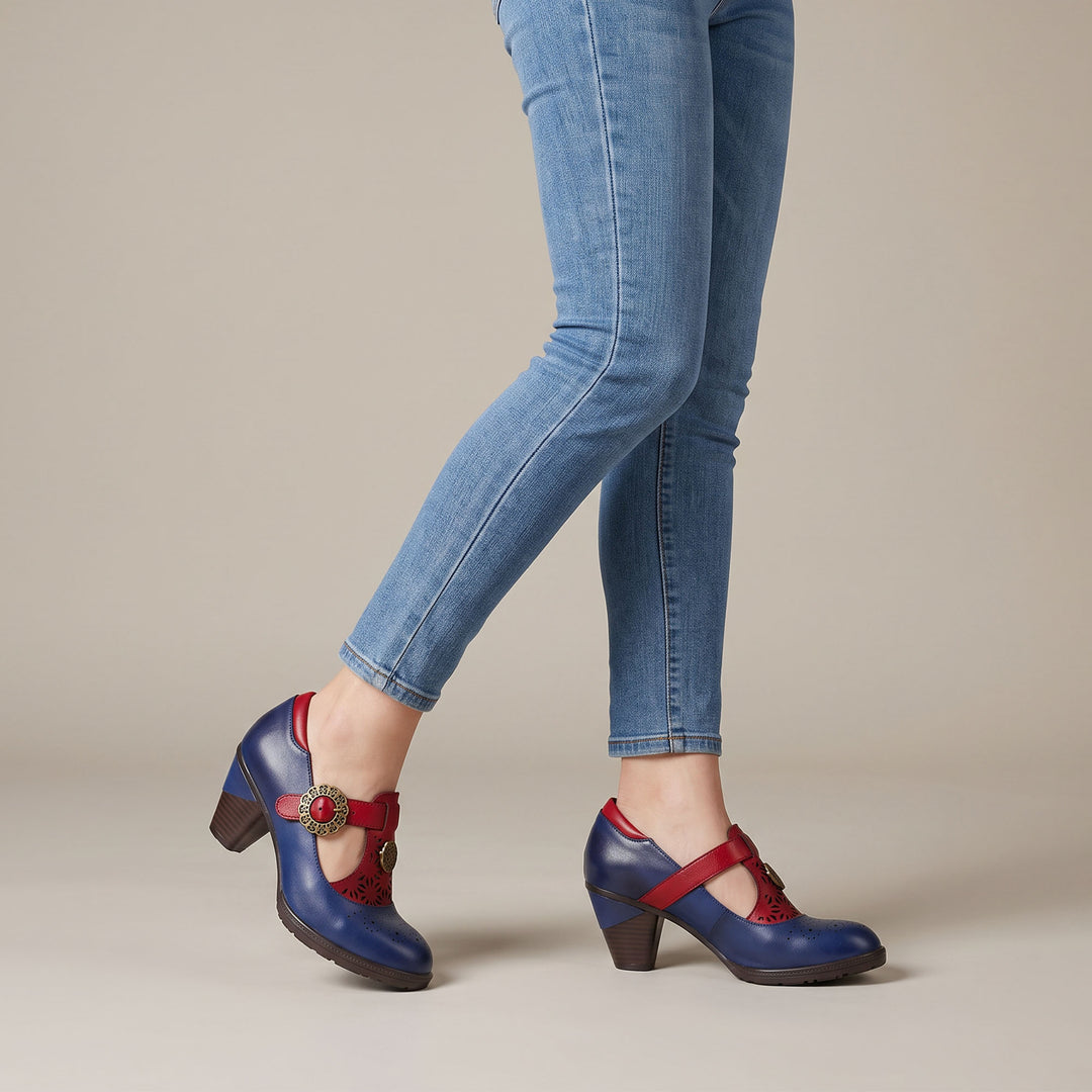 Vintage T-Strap Floral Buckle Pumps