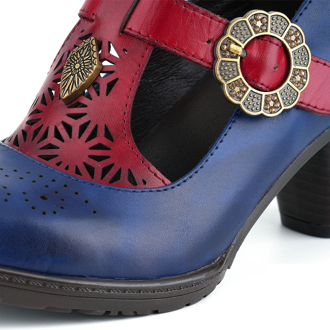 Vintage T-Strap Floral Buckle Pumps