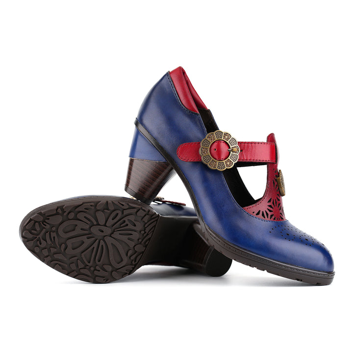 Vintage T-Strap Floral Buckle Pumps