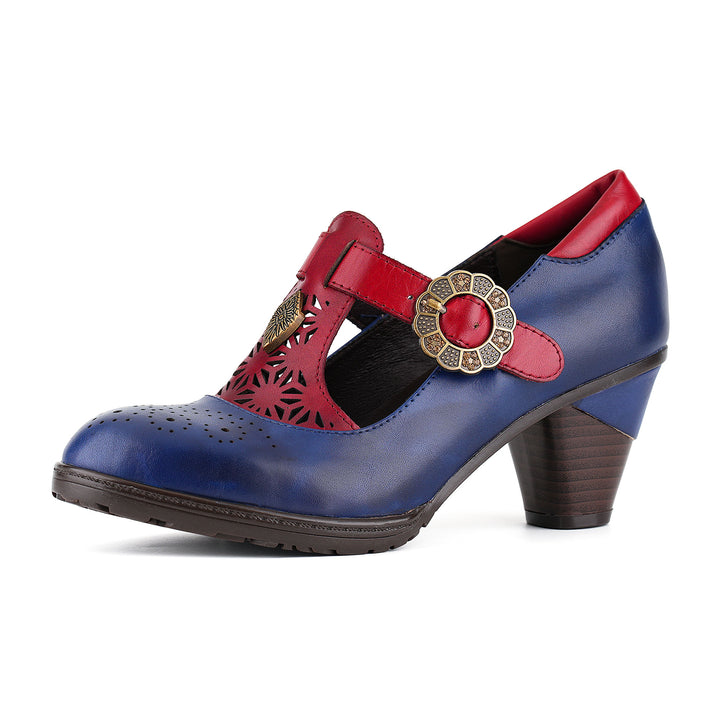 Vintage T-Strap Floral Buckle Pumps