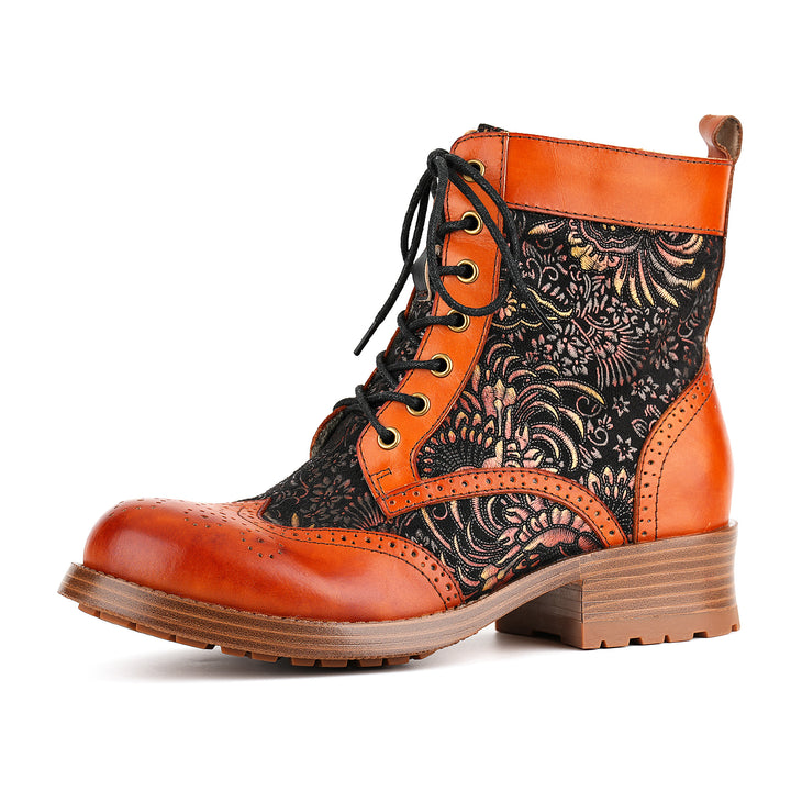 Botins florais com cadarço laranja queimado