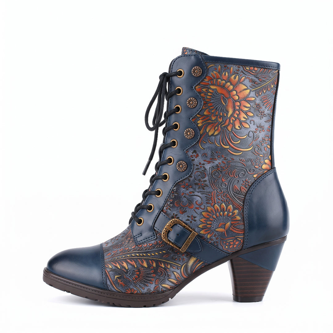 Vintage Floral Victorian Lace-Up Mid-Calf Boots