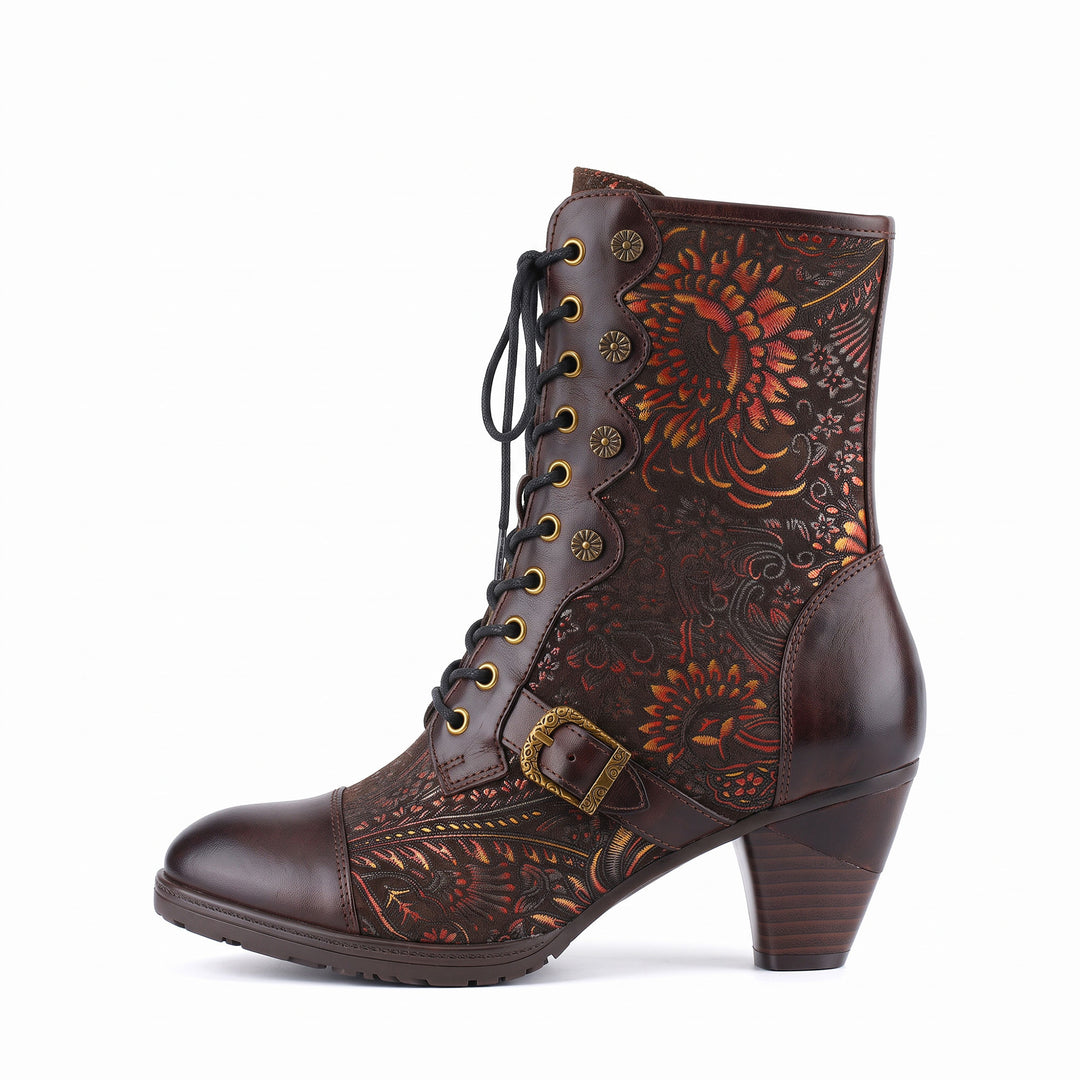 Vintage Floral Victorian Lace-Up Mid-Calf Boots