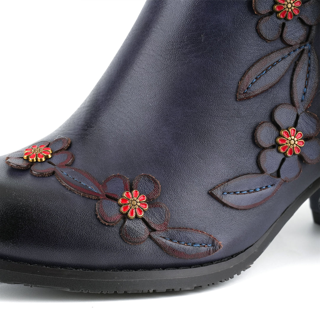 Vintage Elegance Floral Leather Ankle Boots
