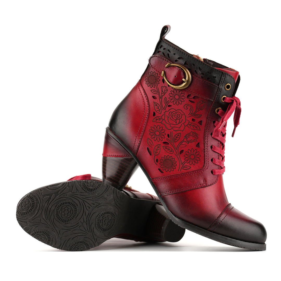 Vintage Timeless Floral Lace-Up Ankle Boots