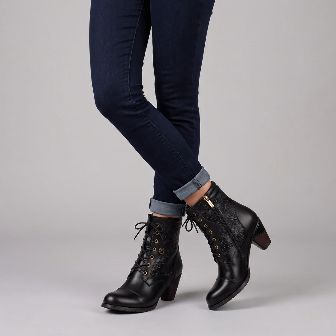 Victorian-Style Embossed Floral Lace-Up Ankle Boots