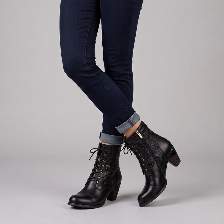 Victorian-Style Embossed Floral Lace-Up Ankle Boots