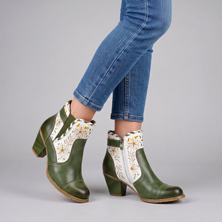 Vintage Handmade Leather Daisy Ankle Boots