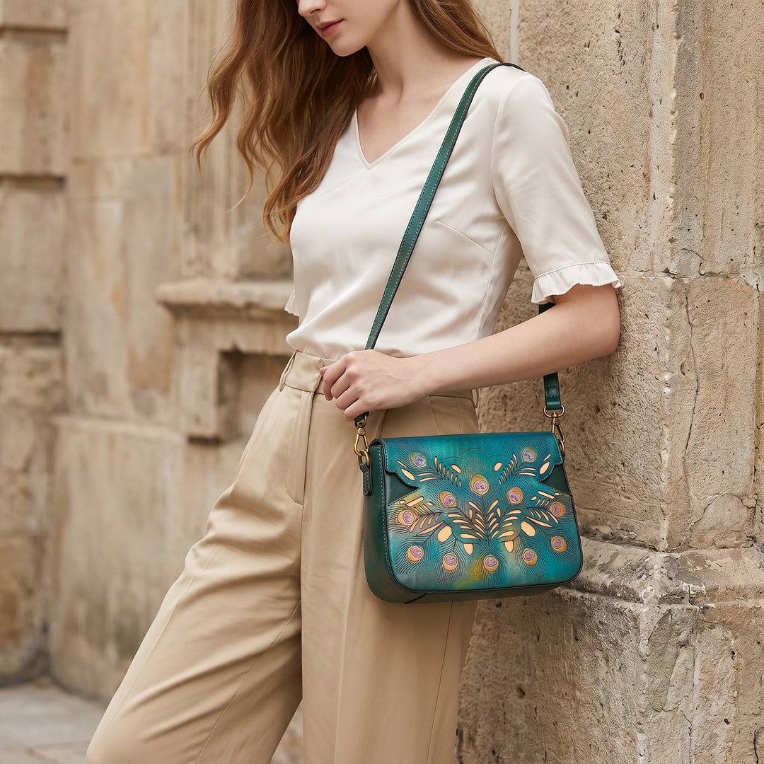 Peacock Feather Embossed Leather Crossbody Bag