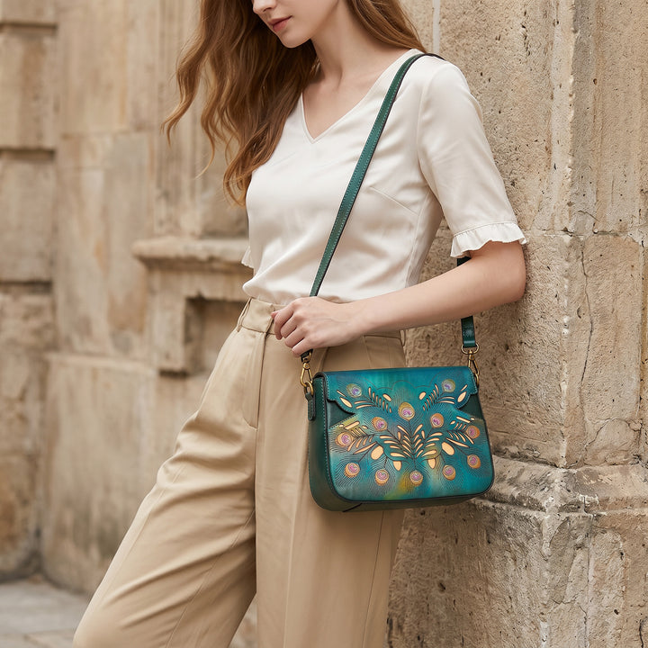 Peacock Feather Embossed Leather Crossbody Bag
