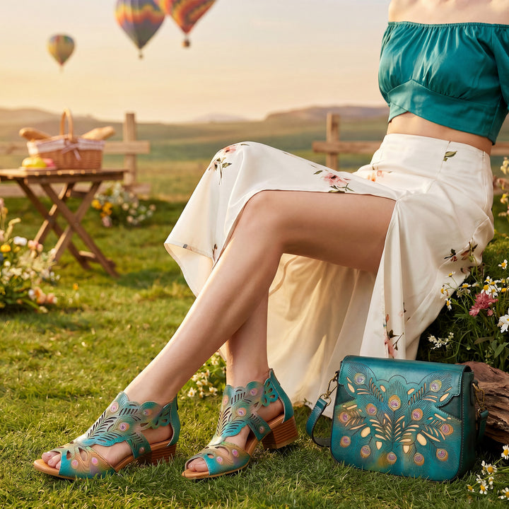 Peacock Feather Embossed Leather Crossbody Bag