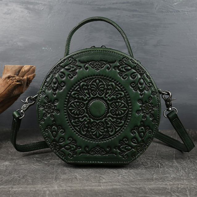 Genuine Leather Vintage Small Round Crossbody Shoulder Bag