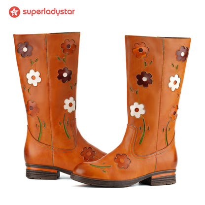 Bottes rétro en cuir floral à mi-mollet