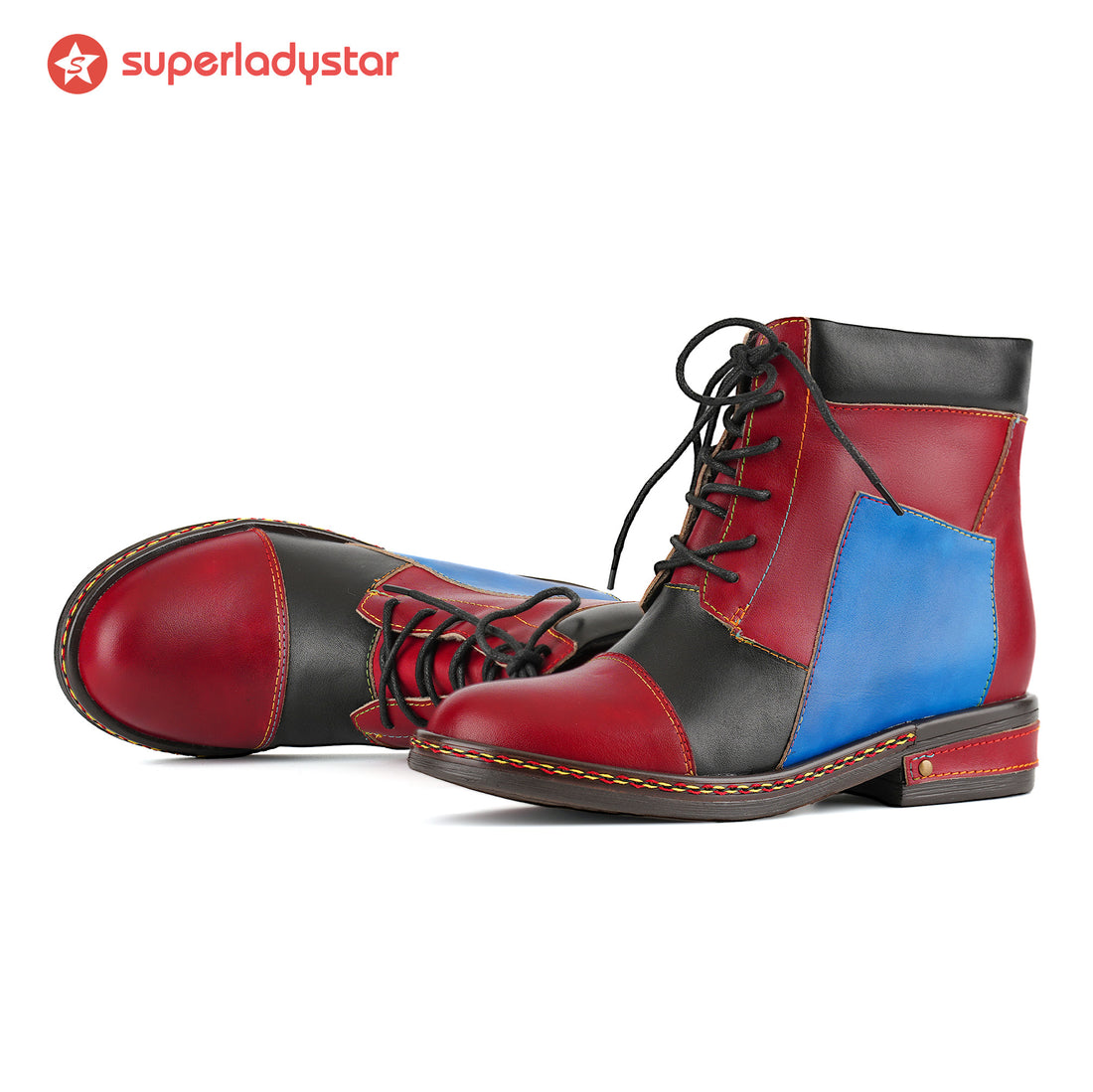 Retro Colorblock Lace-Up Ankle Boots