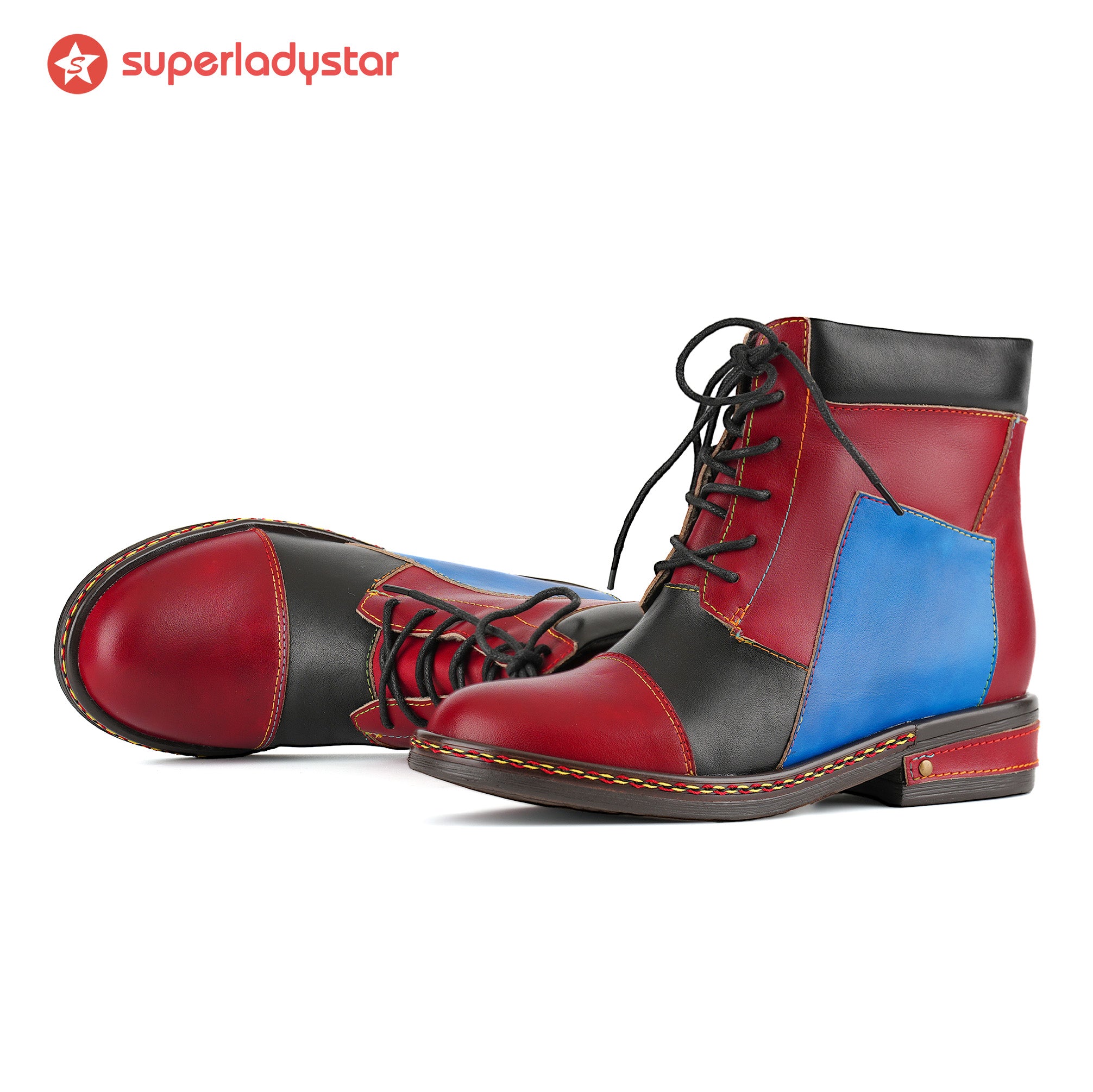 Retro Colorblock Lace-Up Ankle Boots