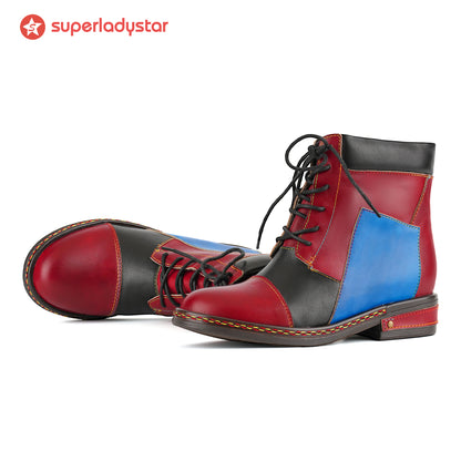 Retro Colorblock Lace-Up Ankle Boots