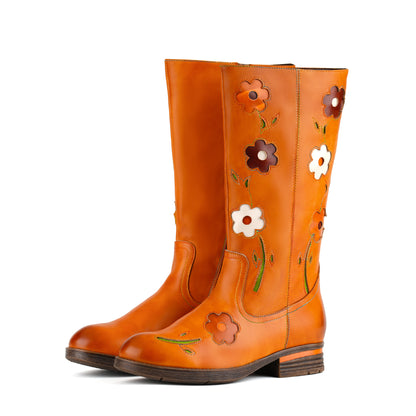 Retro Floral Leather Flat Tall Boots
