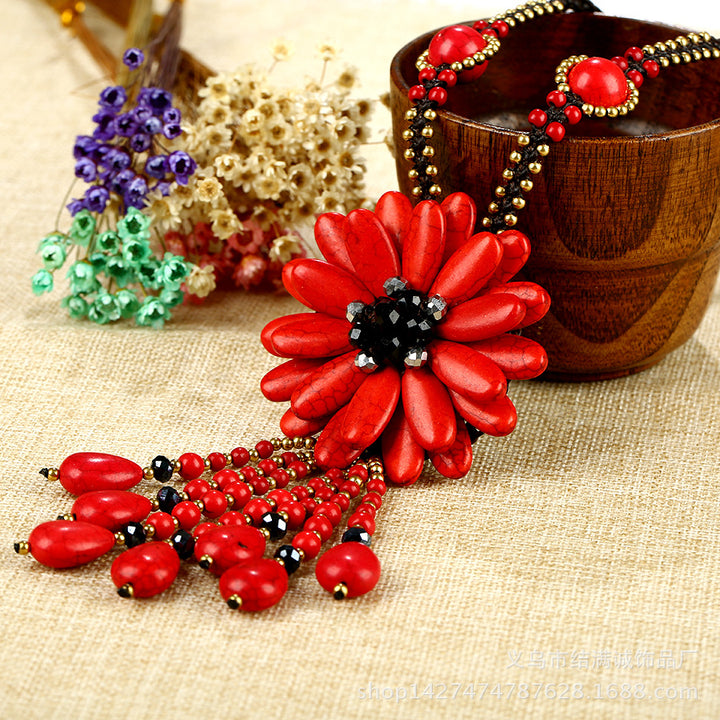 Semi-Precious Stone Woven Flower Vintage Long Necklace