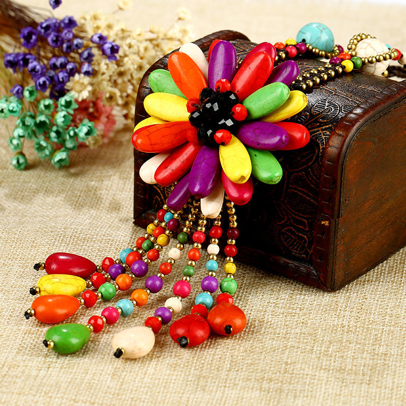 Semi-Precious Stone Woven Flower Vintage Long Necklace
