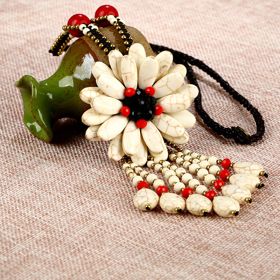 Semi-Precious Stone Woven Flower Vintage Long Necklace