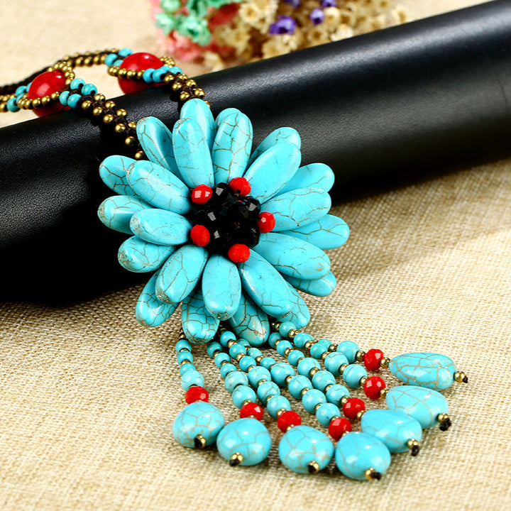 Semi-Precious Stone Woven Flower Vintage Long Necklace