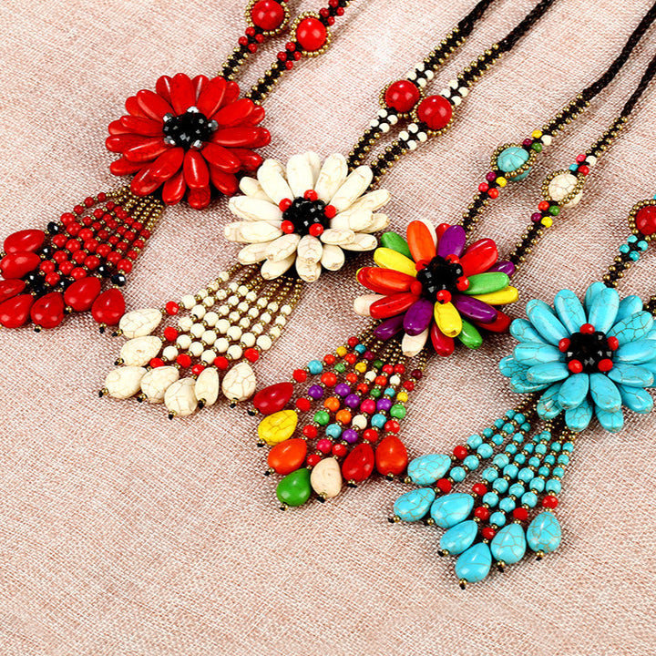 Semi-Precious Stone Woven Flower Vintage Long Necklace