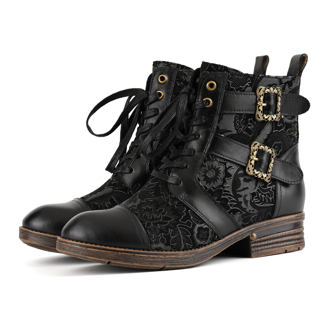 Timeless Grace Floral Lace-Up Flat Ankle Boots