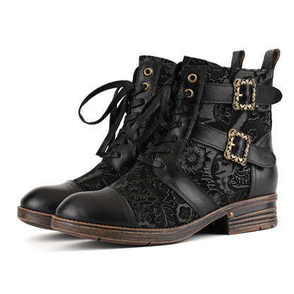 Timeless Grace Floral Lace-Up Flat Ankle Boots