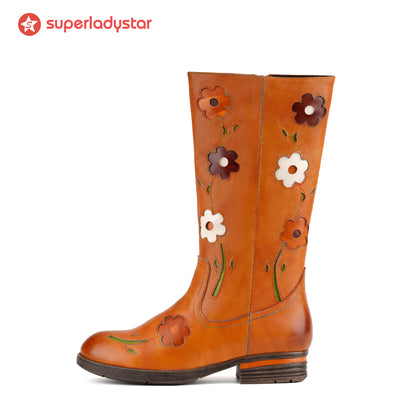 Bottes rétro en cuir floral à mi-mollet