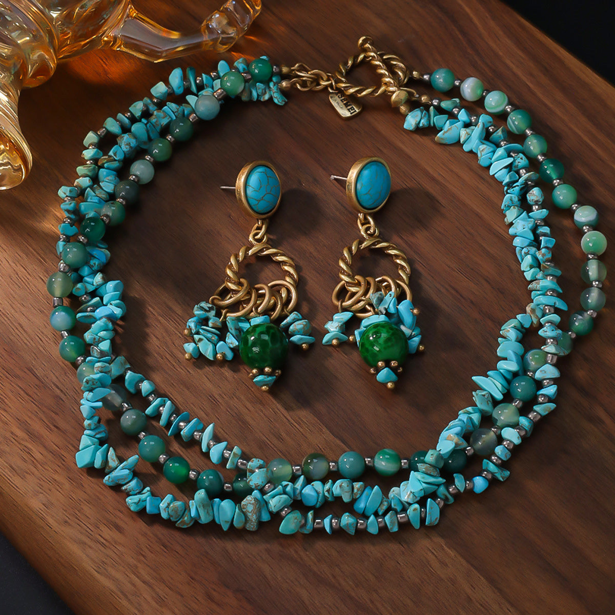 Vintage Blue Pine Multi-Layer Necklace and Earrings Set