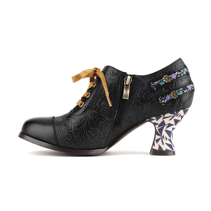 Floral Embossed Lace-Up Heels