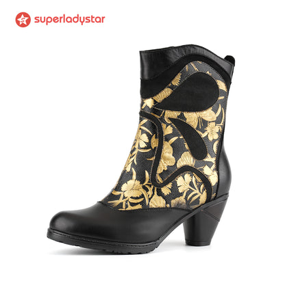 Stivali da caviglia in pelle vera dipinti retrò