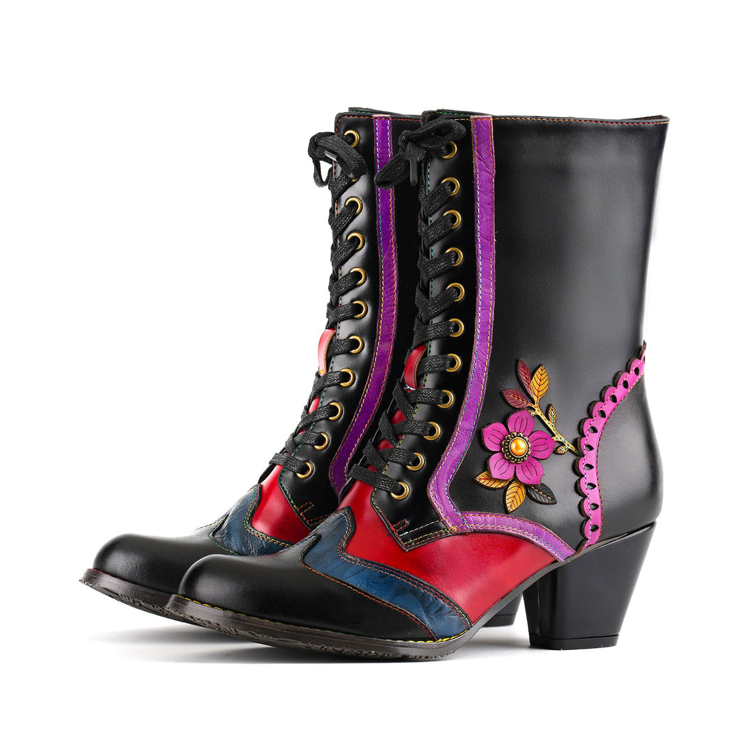 Vintage Crimson Bloom Ankle Boots