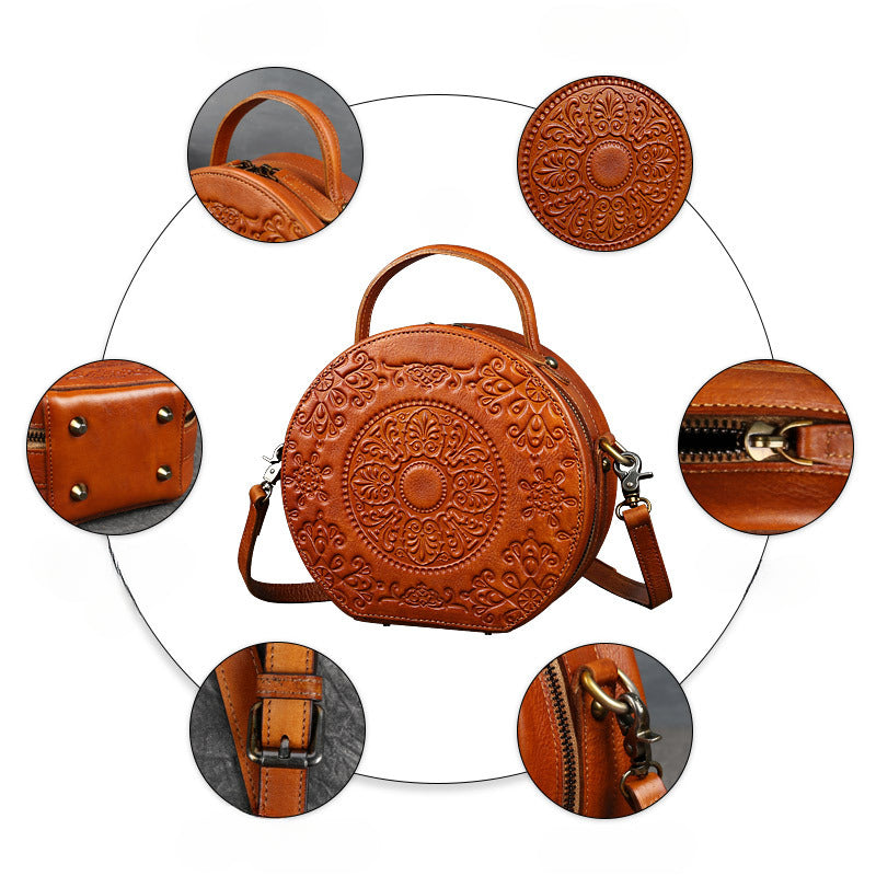 Genuine Leather Vintage Small Round Crossbody Shoulder Bag