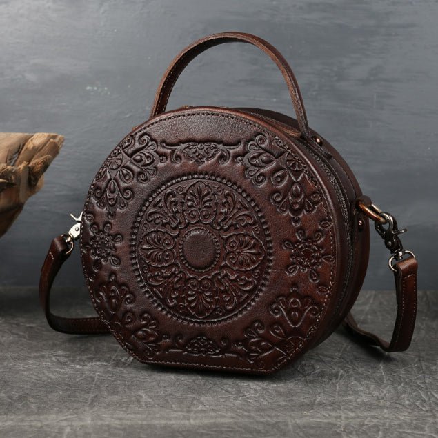 Genuine Leather Vintage Small Round Crossbody Shoulder Bag