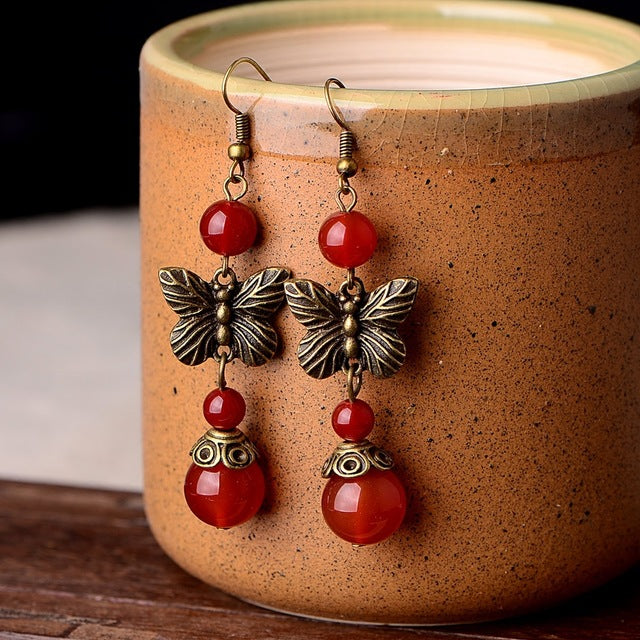 Butterfly Vintage Red Agate Drop Earrings