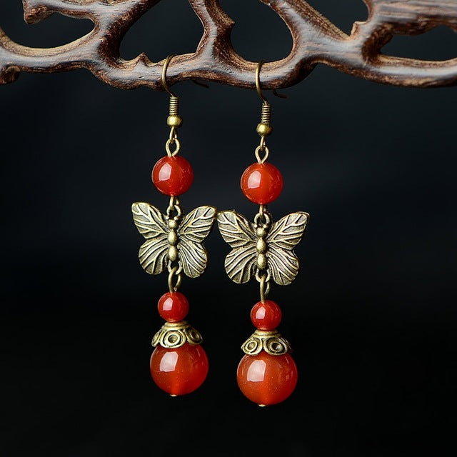 Butterfly Vintage Red Agate Drop Earrings