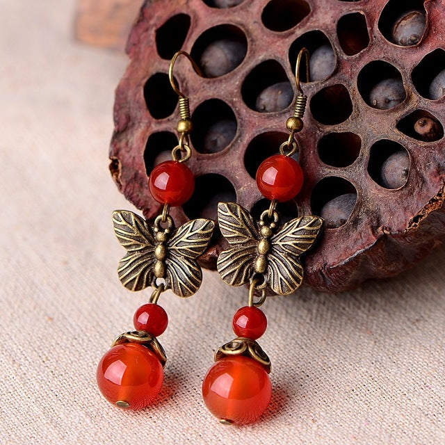 Butterfly Vintage Red Achat Ohrringe