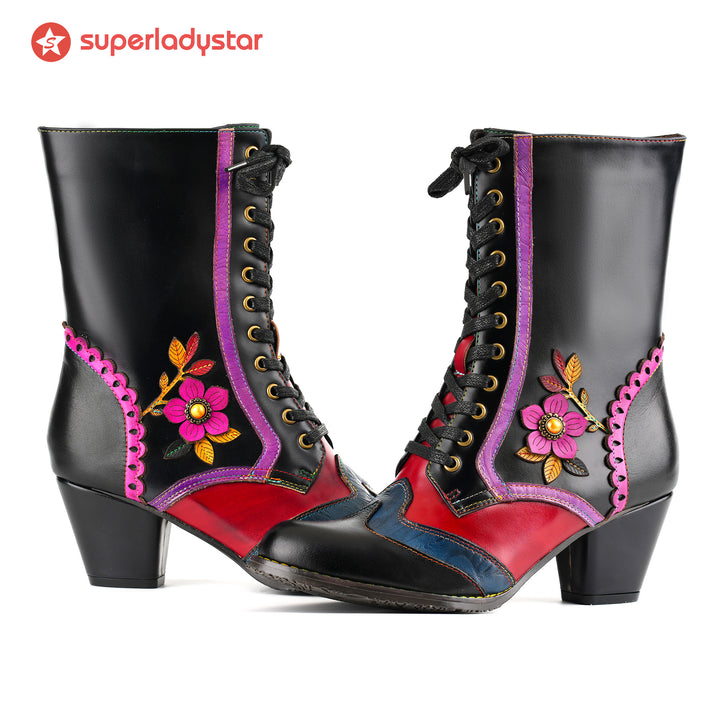 Vintage Crimson Bloom Ankle Boots