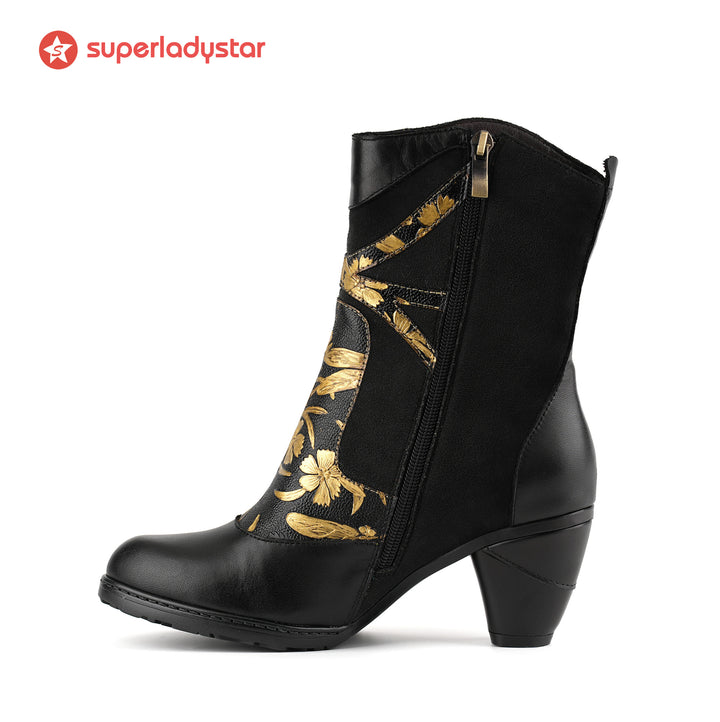 Retro Painted Genuine Leather Dragonfly Ankle Boots