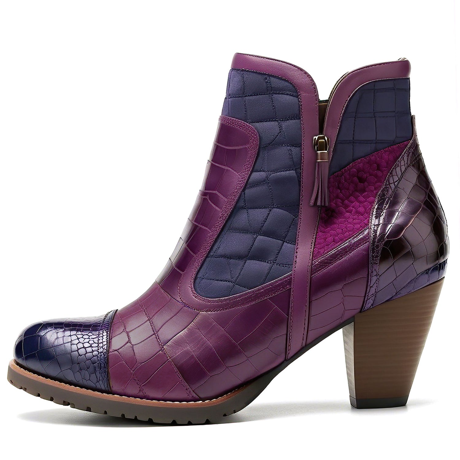 Elegante Croc-Embossed Patchwork-Knöchelstiefel