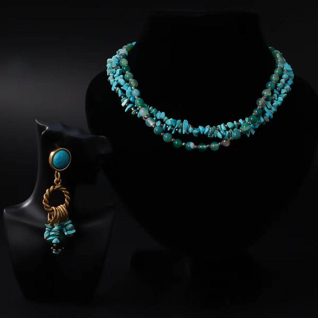 Vintage Blue Pine Multi-Layer Necklace and Earrings Set