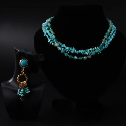 Vintage Blue Pine Multi-Layer Necklace and Earrings Set