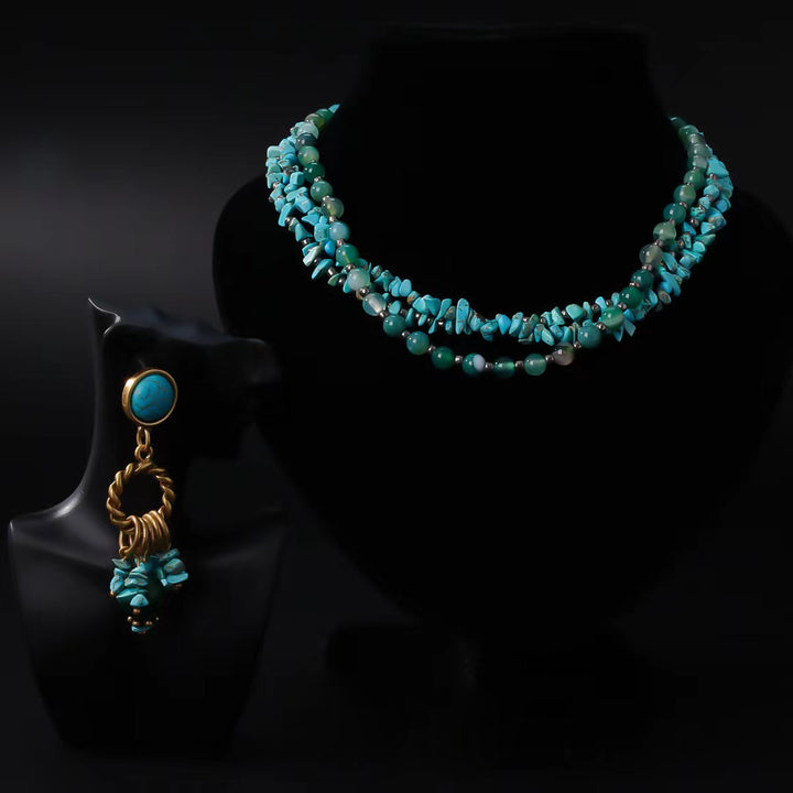 Vintage Blue Pine Multi-Layer Necklace and Earrings Set