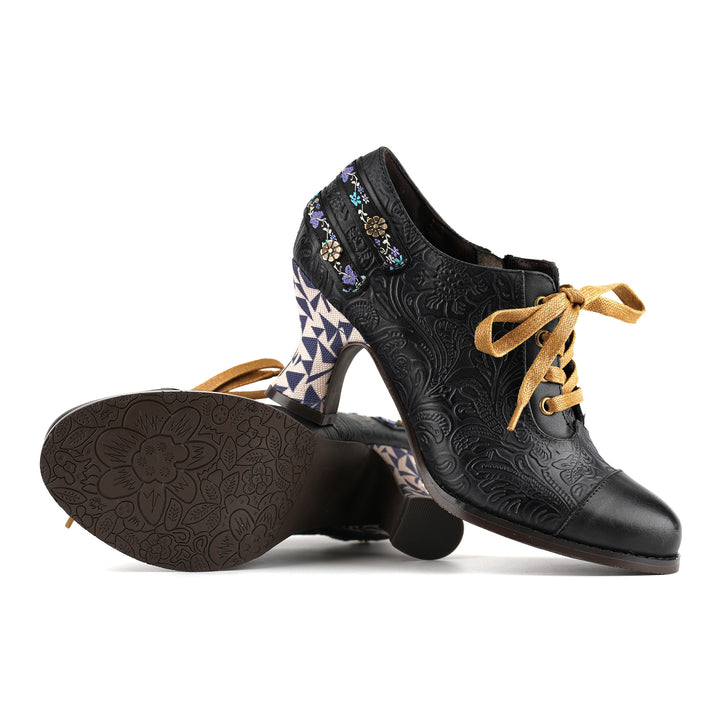 Floral Embossed Lace-Up Heels