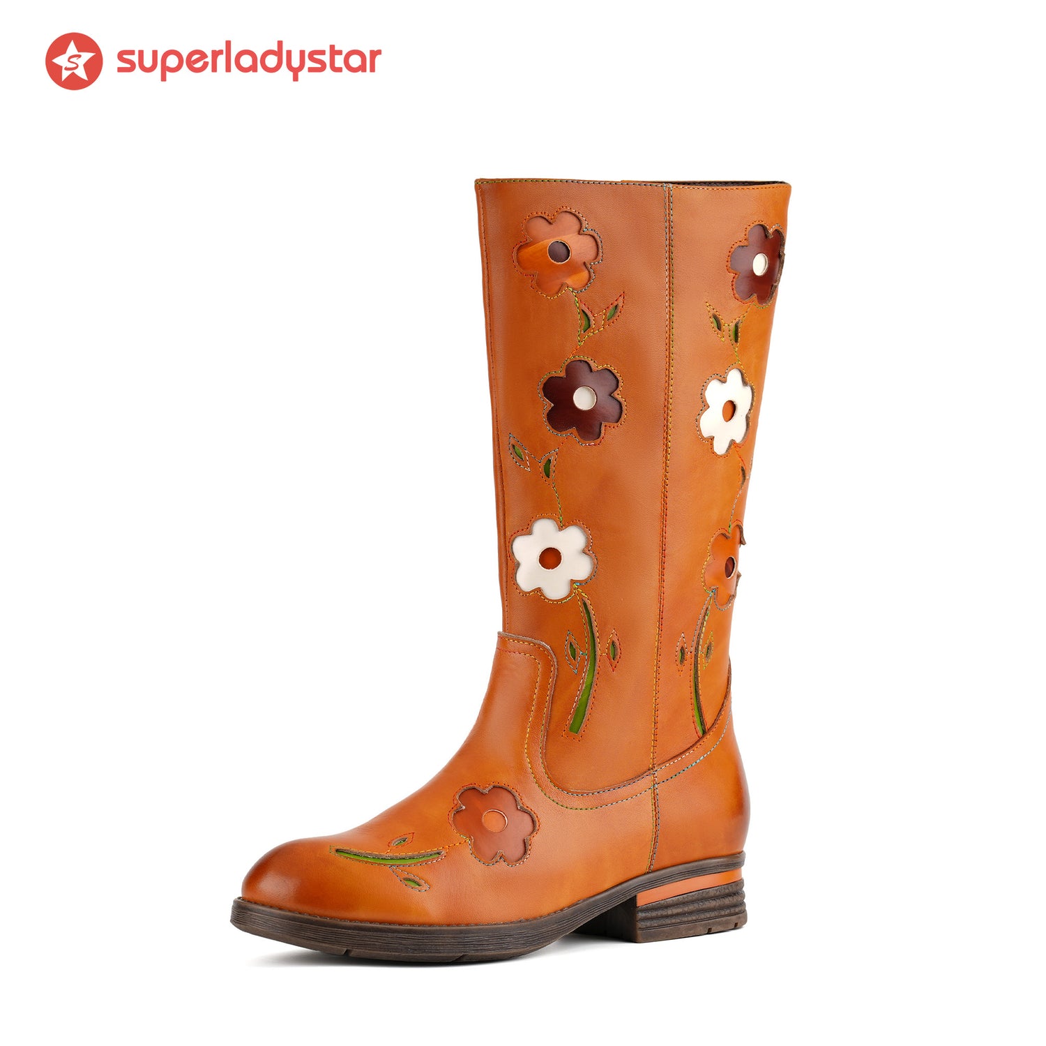 Bottes rétro en cuir floral à mi-mollet