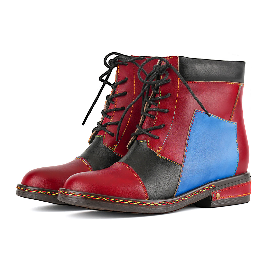 Retro Colorblock Lace-Up Ankle Boots
