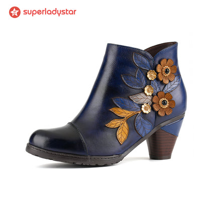 Retro Boho Floral Charm Ankle Boots