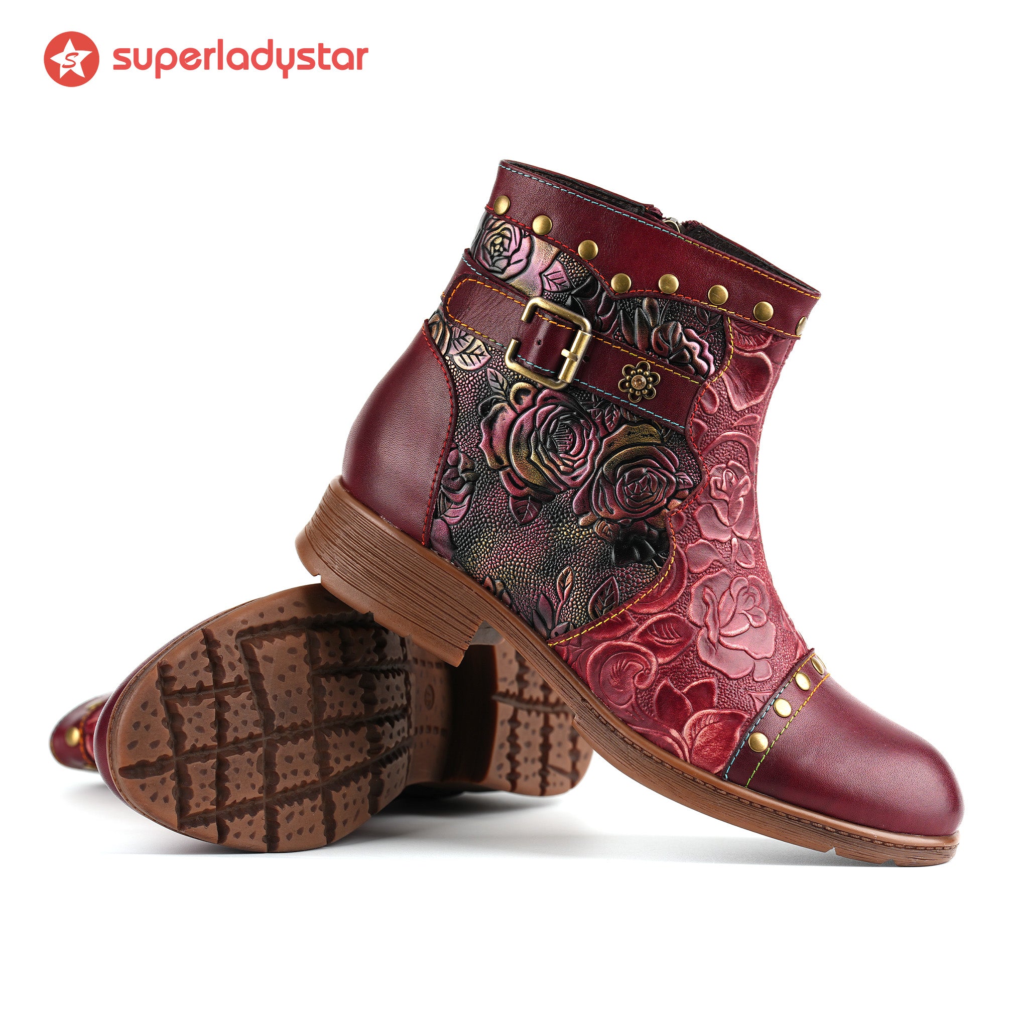 Crimson Rose Embossed Ankle Boots(Pre-order)